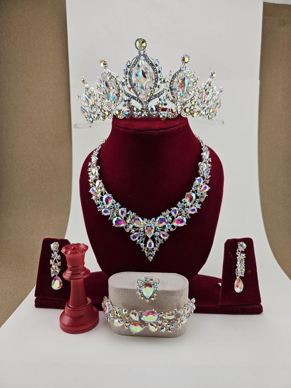 AB Crystal Quinceanera Tiara Set: Iridescent Aurora Borealis Bridal Crown
