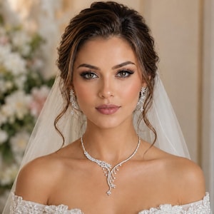 May include: A silver-toned necklace and matching drop earrings featuring a delicate leaf-like design encrusted with small clear stones. The jewelry set is worn with an off-the-shoulder white lace dress and a sheer white veil, creating a cohesive look.