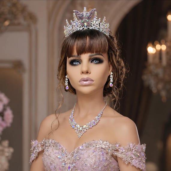 Iridescent Butterfly Crown, Crystal Tiara, Princess Crown, Wedding Tiara, Birthday Sweet 16, Crown V Shape Necklace, Earrings and Bracelet
