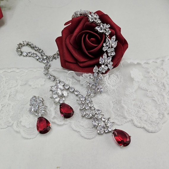 Red Swarovski Crystal Bridal Jewelry Set: Red Teardrop Necklace, Earrings and Bracelet