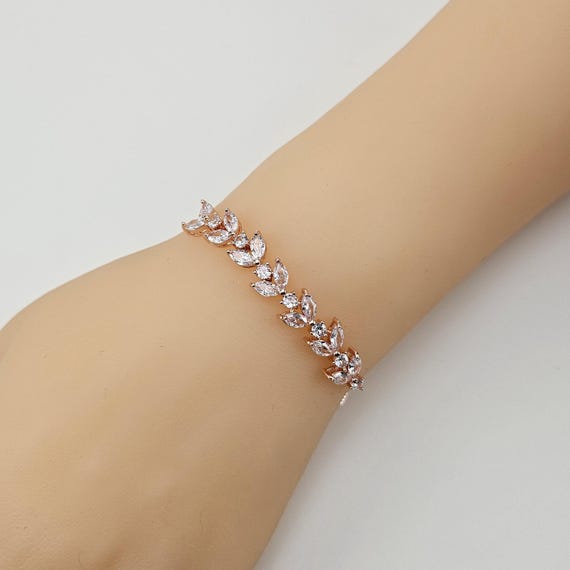 Rose Gold Bridal Bracelet, CZ Floral Leaf Wedding Jewelry