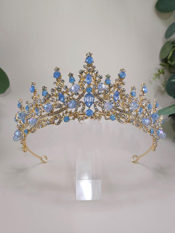 Gold Bridal Tiara Gold Blue Stone Quinceanera Tiara, Gold Crown, Blue & Gold Tiara, Corona de 15 Ano Gold Quinceanera Crown with Blue Stones