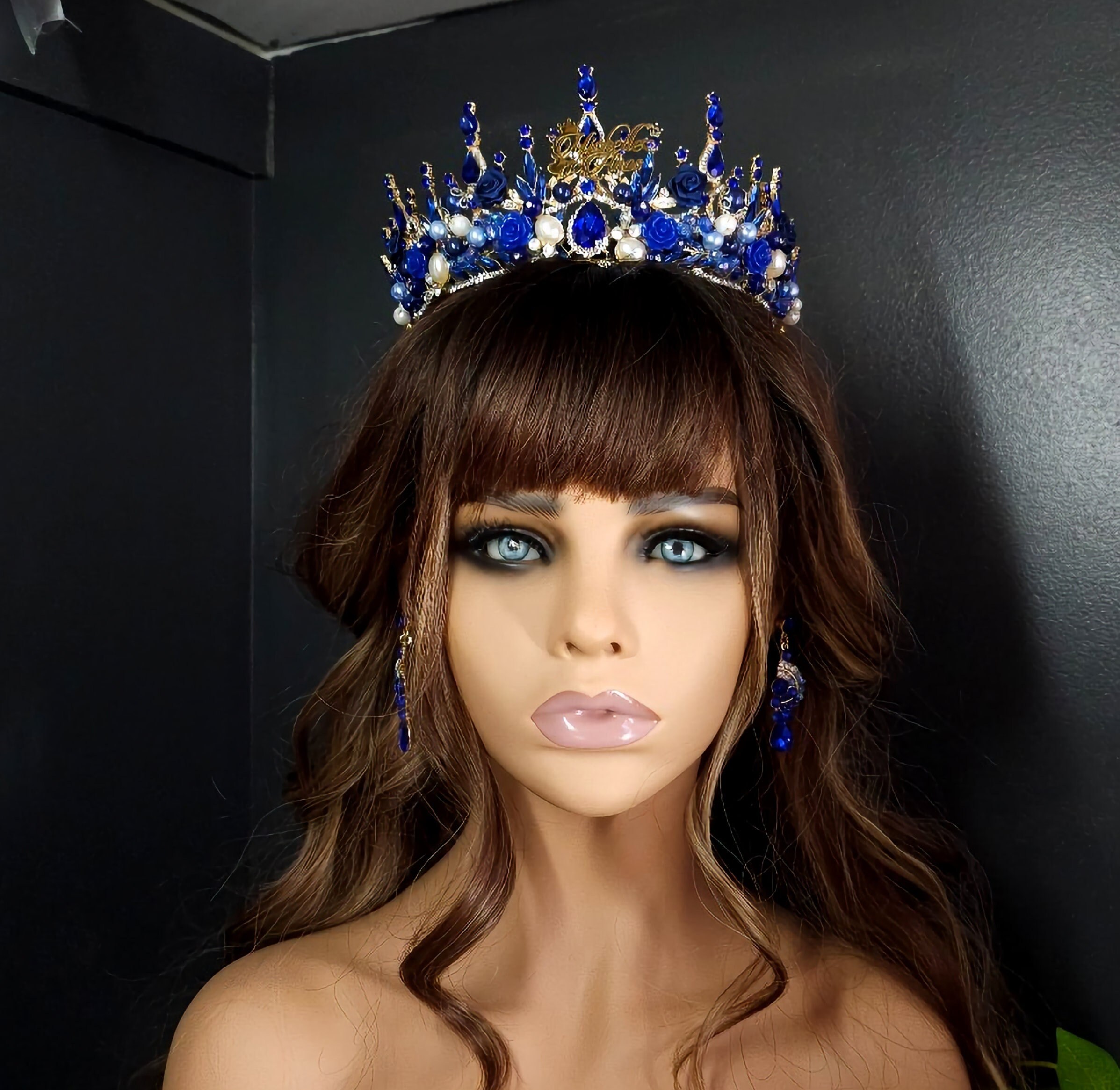 Blue Tiara for Quince, Quinceanera Tiara CUSTOM TIARA with Name Plate Blue and Gold Bridal Tiara, Blue 15 Ano Corona, Blue Quinceanera Crown