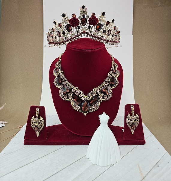 Burgundy Bridal Tiara Maroon Crystal Quinceanera Tiara, Custom Gold Quince Crown, Ms Quince Anos