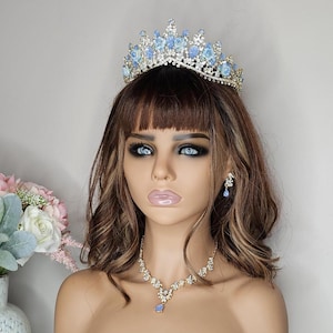 Light Blue Baroque Crystal Bridal Tiara, Quinceanera Crown, Custom Blue Gold Tiara, Necklace, Earring, Wedding Headpiece Crown, Prom Jewelry