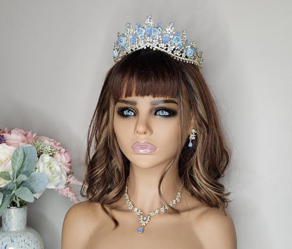 Light Blue Crystal Bridal Tiara: Quinceanera Crown, Necklace & Earring Set