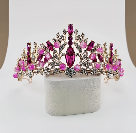 Fushia Crystal Quinceanera Tiara, Gold Bridal Crown