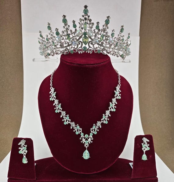 Green Opal Crystal Bridal Tiara: Silver Wedding Headpiece with Necklace & Earrings