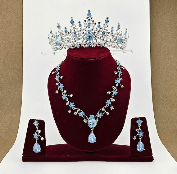 Light Blue Opal Jewelry Set: Bridal Tiara, Necklace & Earrings