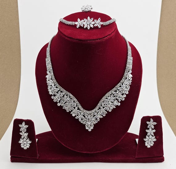 Crystal Wedding Jewelry Set, Platinum Plated, V Shape Necklace