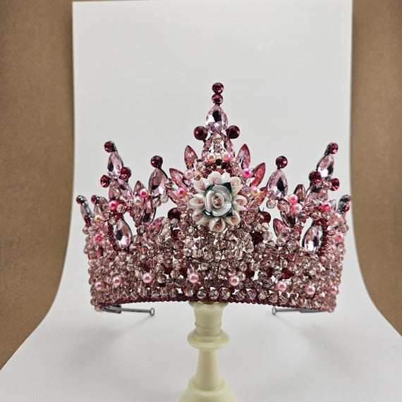 Pink Quinceañera Crown: Floral Crystal Tiara, 5 Inch Tall