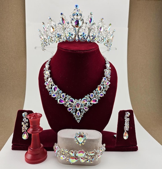 Iridescent Quinceanera Crown AB Crystal Tiara Set: Iridescent Aurora Borealis Jewelry Set