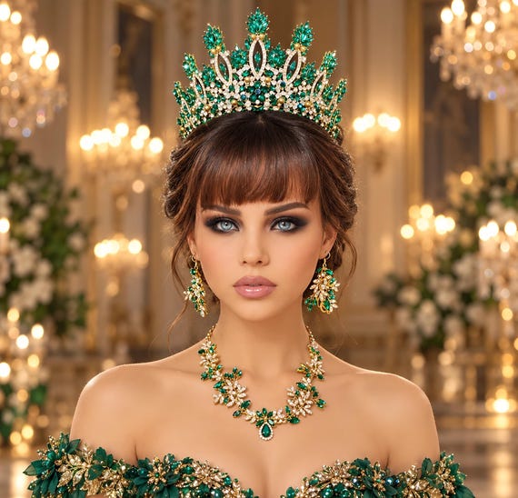 Emerald Green Royal Queen Crown: Green Jewelry Set, Quinceañera, Tall Bridal Tiara