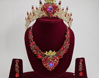 Red Queen of Hearts Crown, Quincenaera crown, Red Tiara for women, Ruby Red crown, Gold and Red Jewelry, Quinceanera Necklace & Earring Set