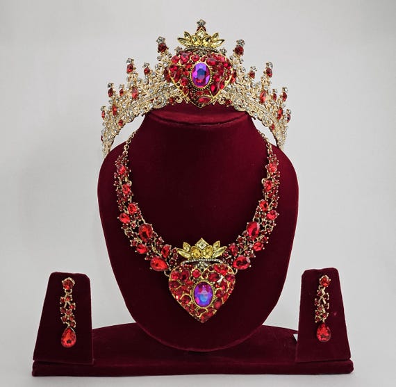 Red Queen of Hearts Crown: Quinceanera Tiara, Necklace & Earring