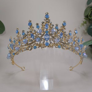Powder Blue Bridal Crown, Light Blue Quinceanera Tiara, Blue & Gold Tiara, Corona de 15 Anos Gold Quinceanera Crown with Blue Stones