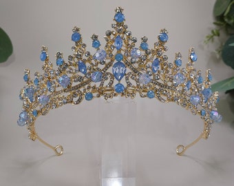 Gold Bridal Crown Gold Blue Stone Quinceanera Tiara, Gold Crown, Blue & Gold Tiara, Corona de 15 Ano Gold Quinceanera Crown with Blue Stones