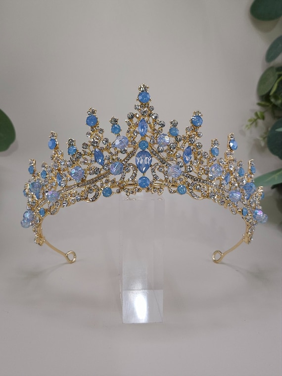 Gold Bridal Crown Gold Blue Stone Quinceanera Tiara, Gold Crown, Blue & Gold Tiara, Corona de 15 Ano Gold Quinceanera Crown with Blue Stones