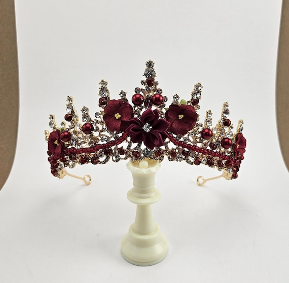 Burgundy Bridal Tiara Maroon Crystal Quinceanera Tiara, Custom Gold Burgundy Quince Crown, Red  Corona de 15 Ano, Red Wine Quinceanera Crown