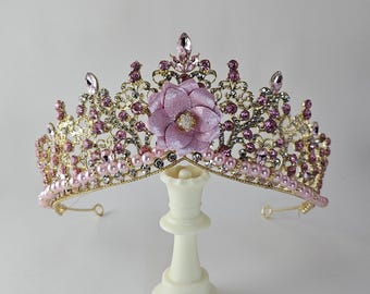 Blush Pink Flower Tiara: Crystal Quinceanera Bridal Crown