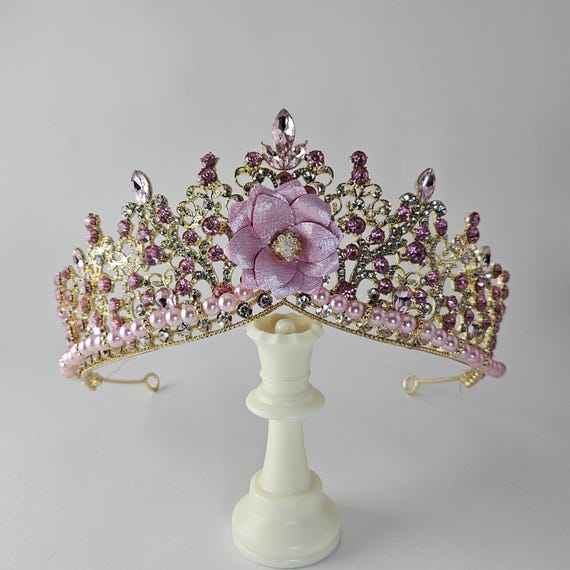 Blush Pink Flower Tiara: Crystal Quinceanera Bridal Crown