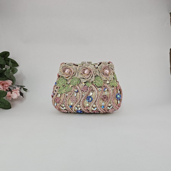 Rose Gold Wedding Clutch Bag With Colorful Rhinestone Crystals, Wedding Purse For Bride, Floral Garden Statement Bag, Evening Wedding Clutch