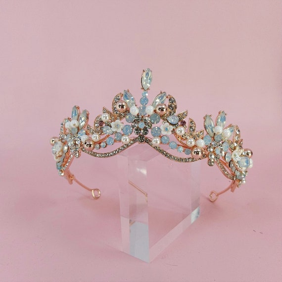 Blue Opal Rose Gold Wedding Tiara, Crystal Bridal Crown