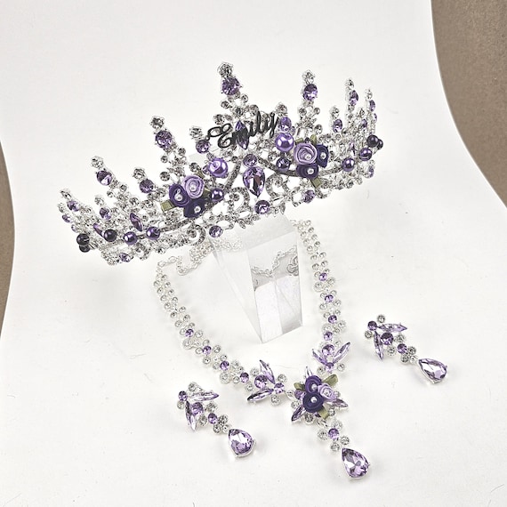 Purple Tiara, Necklace & Earrings: Silver Crown Bridal Quinceanera Jewelry Set