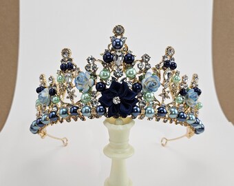 Handmade Gold Blue Crystal Tiara: Custom Quinceanera Crown