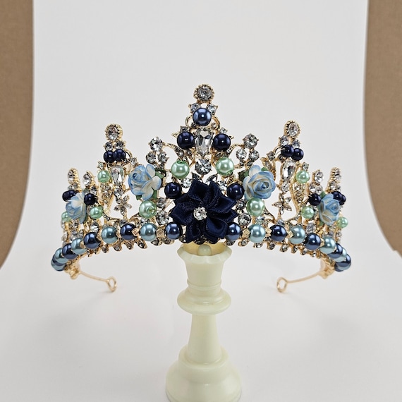 Handmade Gold Blue Crystal Tiara: Custom Quinceanera Crown