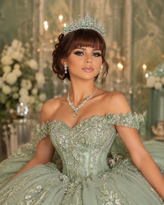 Green Opal Bridal Tiara Gold Crystal Quinceanera Tiara, Custom Green Opal Quince Crown, Gold Corona de 15 Ano, Green Opal Quinceanera Crown