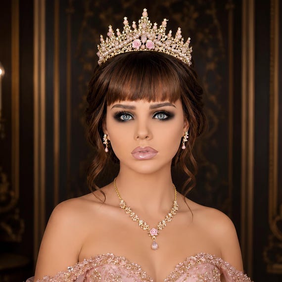 Gold Light Pink Crystal Bridal Tiara, Quinceanera Crown, Wedding Jewelry Set