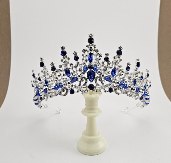 Royal Blue Crystal Quinceanera Crown, Silver Wedding Tiara, Blue Bridal Tiara, Prom Crown, Custom Handmade Queen Tiara for Special Occasions