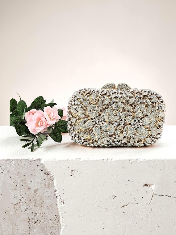 Gold Evening Clutch Rhinestone Embellished Floral Statement Bag, Evening Wedding Clutch