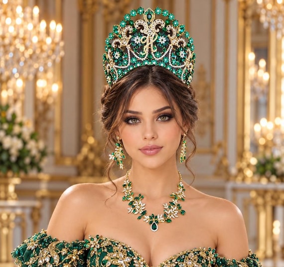 Tall Emerald Green Royal Queen Crown: Personalized Gift Green Jewelry Set, Quinceañera, Big Bridal Tiara