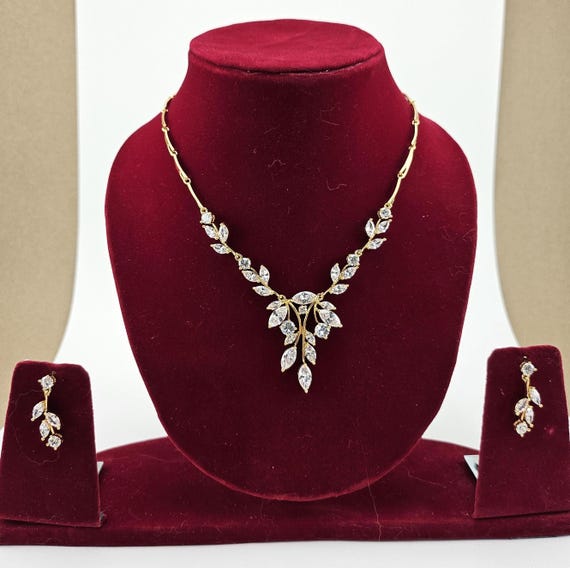 Swarovski Crystal Flower Vine Leaves Necklace, Long Bridal Jewelry, Bridal Earrings And Necklace, Statement Earrings CZ Necklace Set