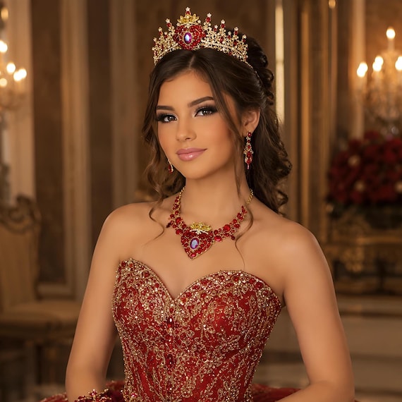 Red Crown & Jewelry Set: Queen of Hearts Red Quinceanera Crown