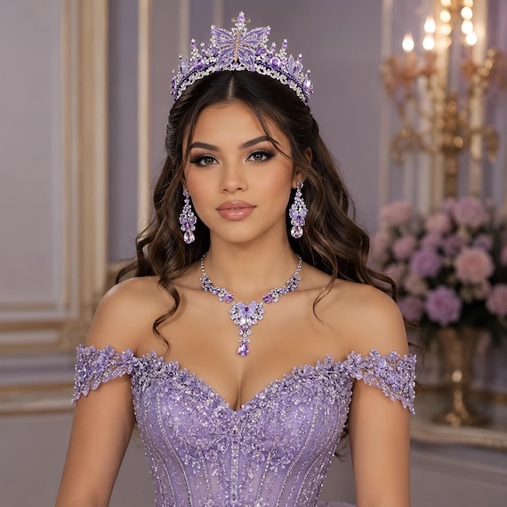 Purple Quinceanera Jewelry Set: Tiara, Necklace, Earrings, Bracelet