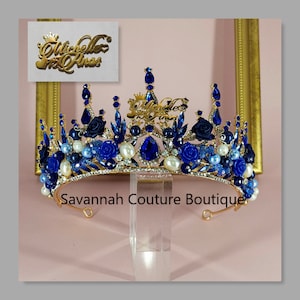 Blue Quinceanera Tiara, Custom Tiara with Name Plate Royal Blue Gold Tiara, Blue Corona de 15 Anos Blue Quince Crown