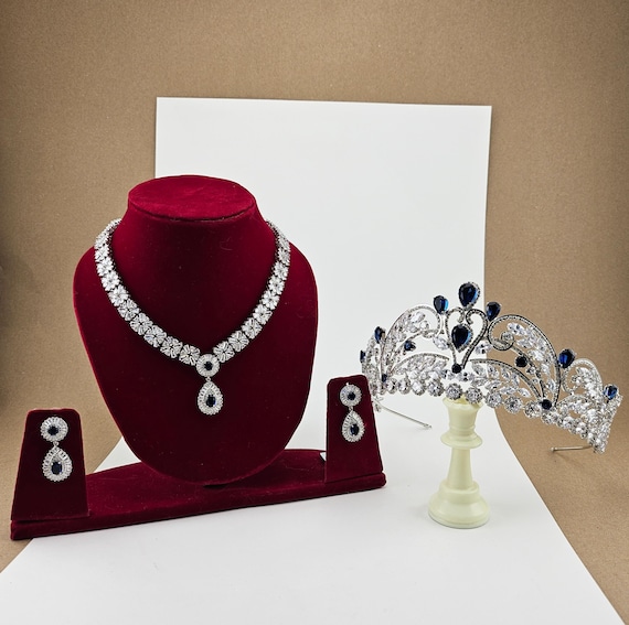Swarovski Crystal Blue Bridal Jewelry Set, Platinum Plated Necklace, Earrings, Tiara