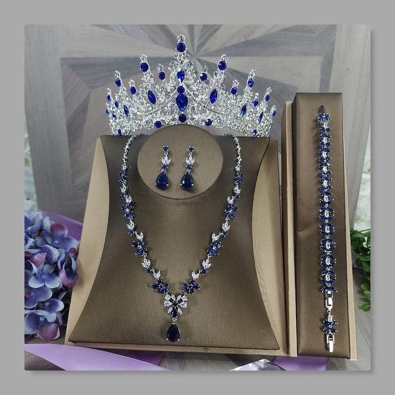 Blue Baroque Crystal Bridal Tiara, Quinceanera Crown Jewelry Set, Blue