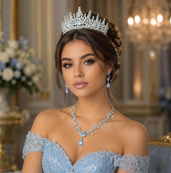 light blue dress with gold jewelry Opal Bridal Tiara, Blue Quinceanera Crown, Blue Opal Wedding Necklace Earrings, Baby Blue Bridal Jewelry Set, Custom Blue spaghetti strap prom dresses