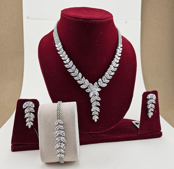 Swarovski Crystal Leaf Necklace Set, Platinum Plated Bridal Jewelry