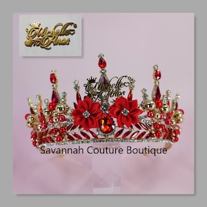 Red Bridal Tiara, Red Quinceanera Crown, Red Tiara with Custom Name, Red Gold Quinceanera Tiara,  Quince Anos, Bridal Headpiece, Red Crown