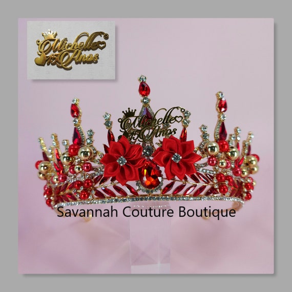 Red Quinceanera Crown, Custom Name Tiara, Bridal Headpiece