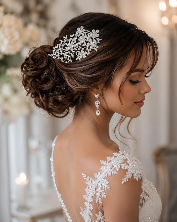 Silver Floral Bridal Hair Clip: Crystal Hair Wedding Hairpiece