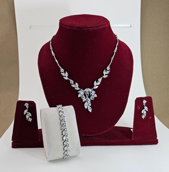 Silver Swarovski Crystal Bridal Jewelry Set, Floral Leaf Design