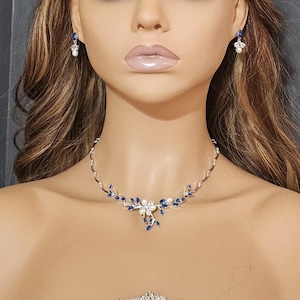 Blue Swarovski Crystal Dainty Leaves Drop Necklace, Bridal Jewelry, Bridal Earrings And Necklace, Tiara, Statement Earrings CZ, Necklace Set