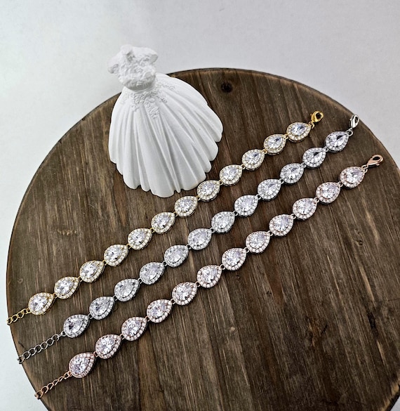 Teardrop Bridal Crystal Bracelet, Pear Drop CZ Jewelry Wedding Bracelet