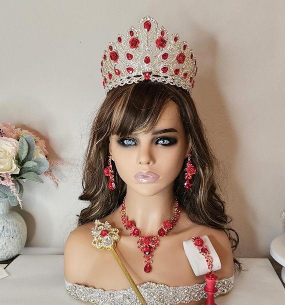 Red Rose Quinceanera Tiara Set: Crown, Necklace, Earrings, Bracelet, Scepter